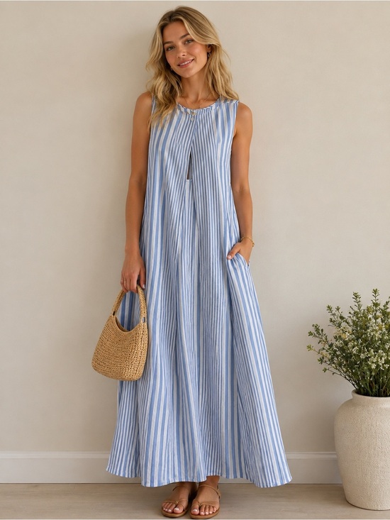 thearchs Dresses & Skirts - Sleeveless Light Blue & White Striped Maxi Dress